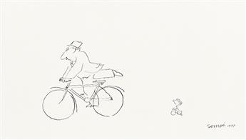 JEAN-JACQUES-SEMPÉ (1932-2022) Fancy cyclist and tiny boy on training wheels.